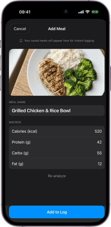 CaloBurner AI meal recognition analyzing a grilled chicken bowl