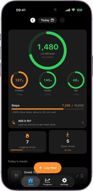 CaloBurner daily dashboard showing calorie and macro tracking